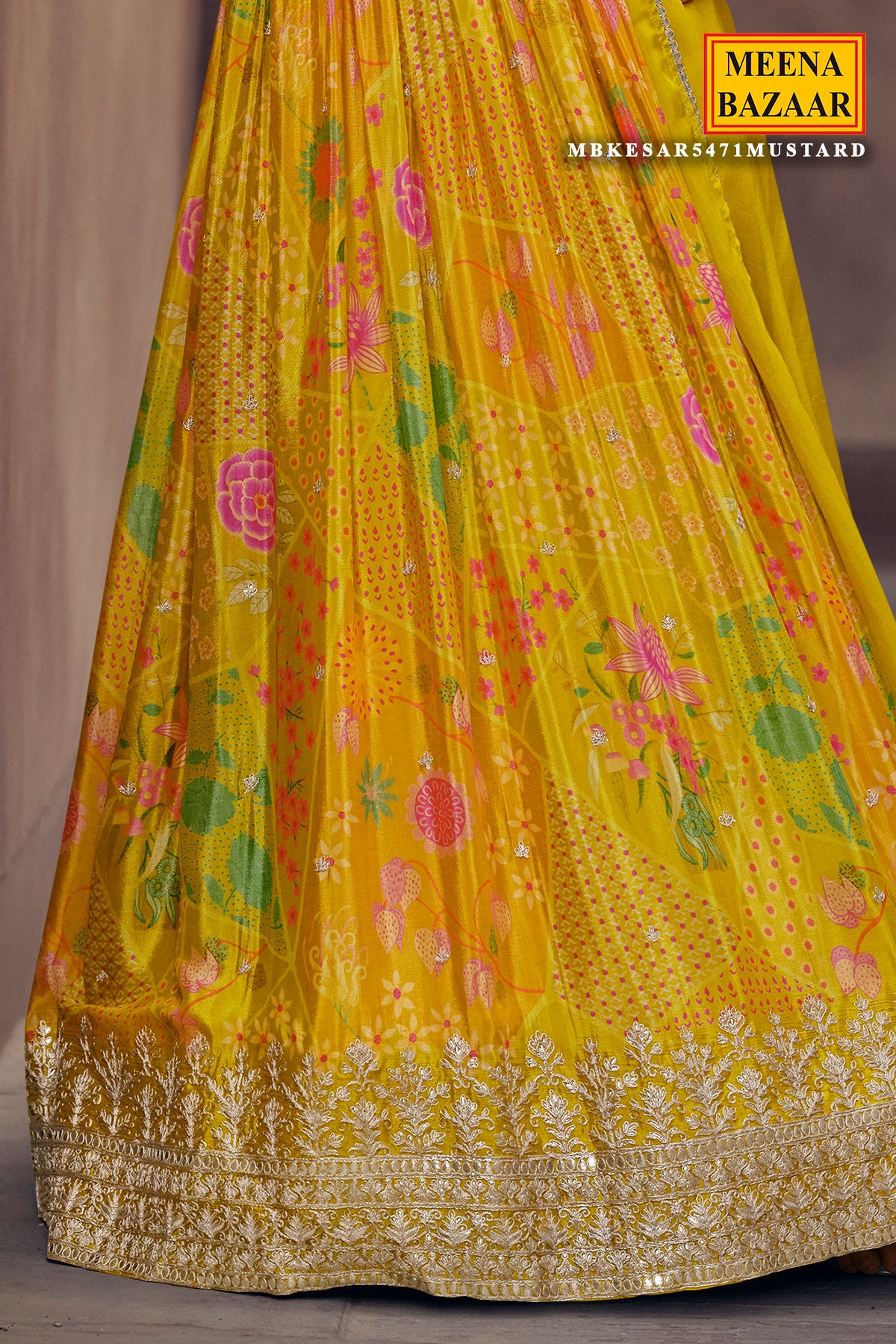 Mustard Floral Printed and Embroidered Anarkali Gown Dupatta Set