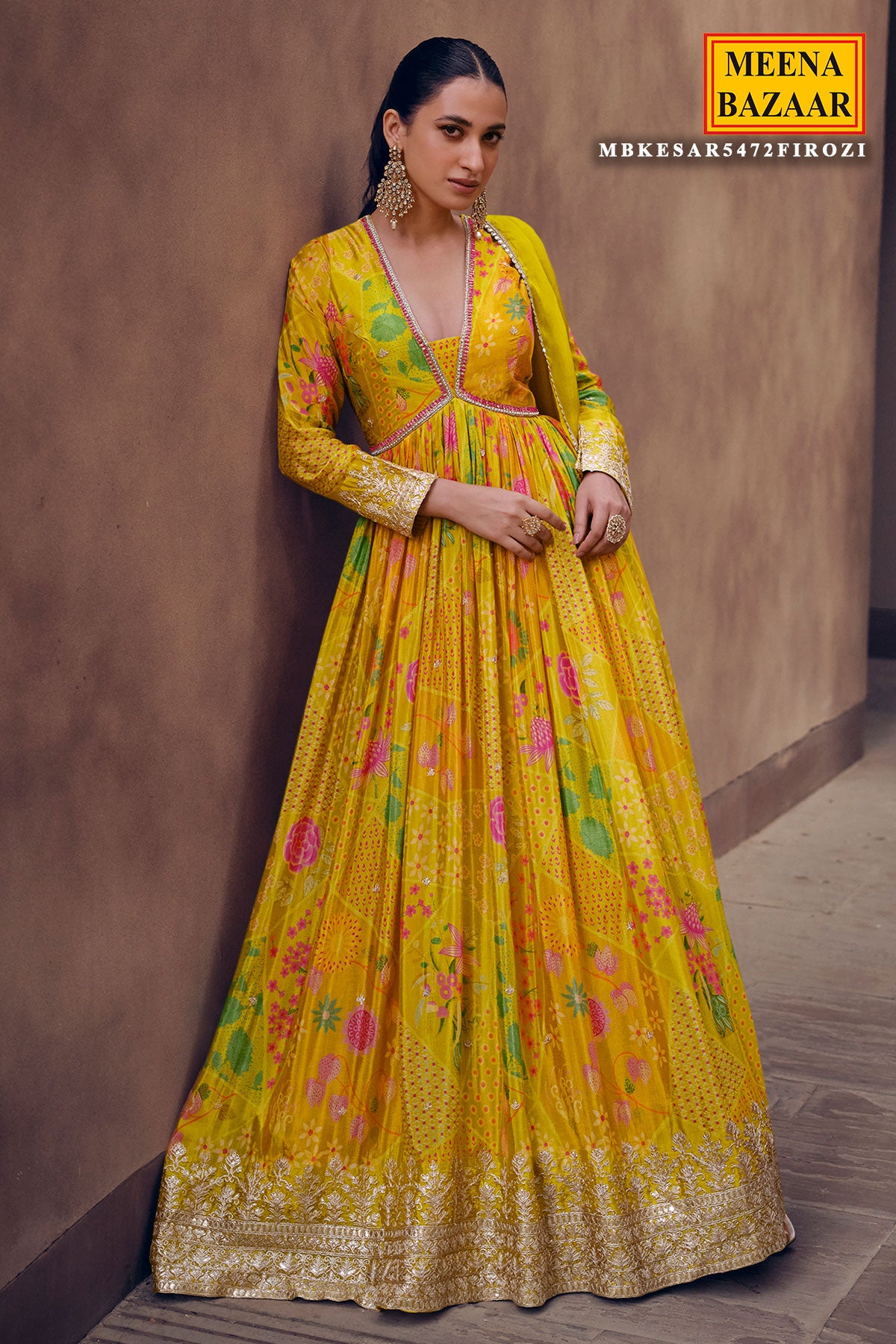 Mustard Floral Printed and Embroidered Anarkali Gown Dupatta Set