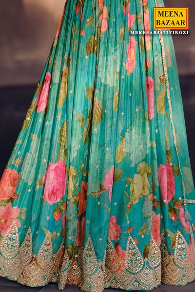 Firozi Floral Printed and Embroidered Anarkali Gown Dupatta Set