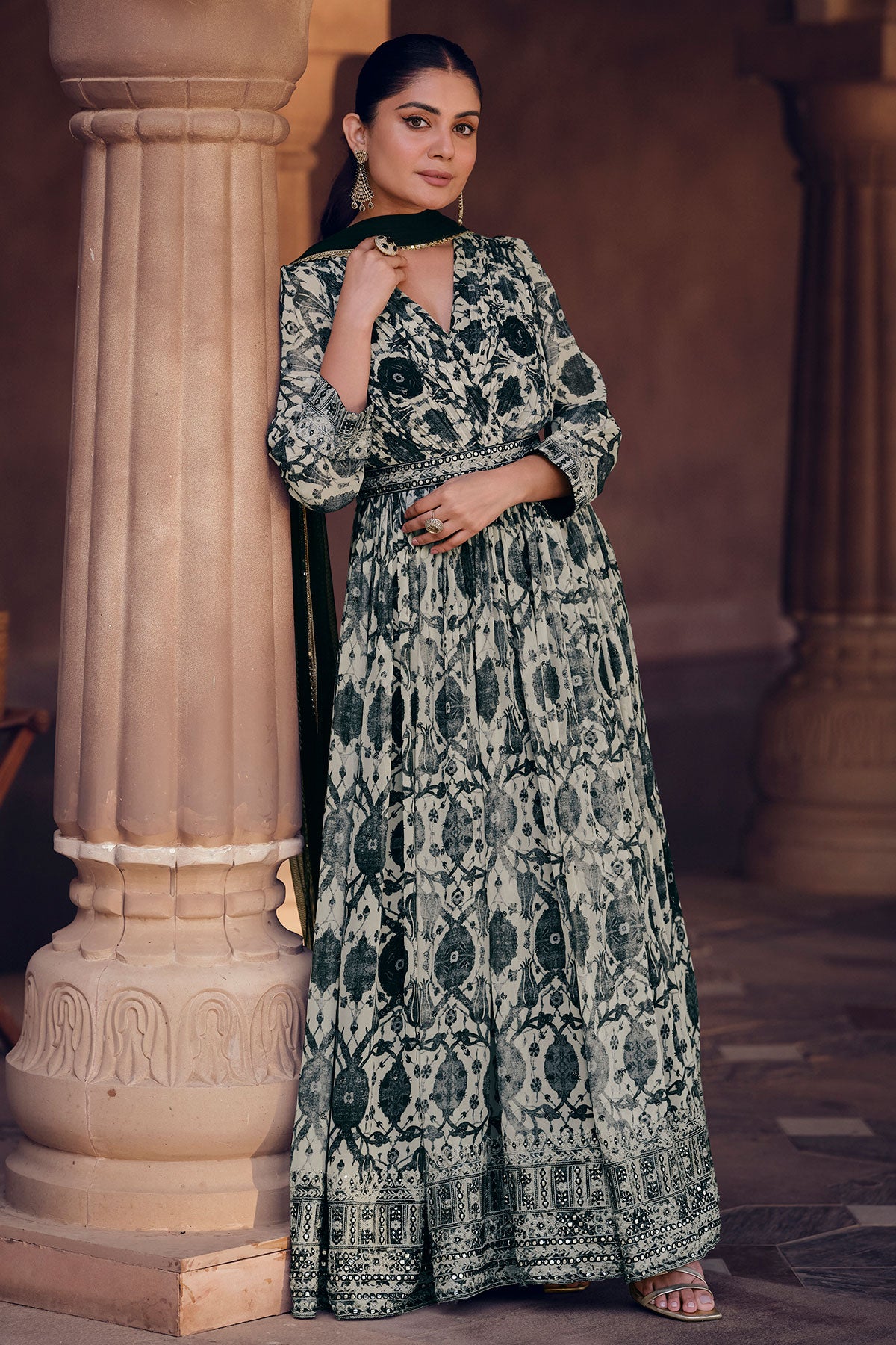 Black & White Floral Printed and Embroidered Anarkali Gown Dupatta Set