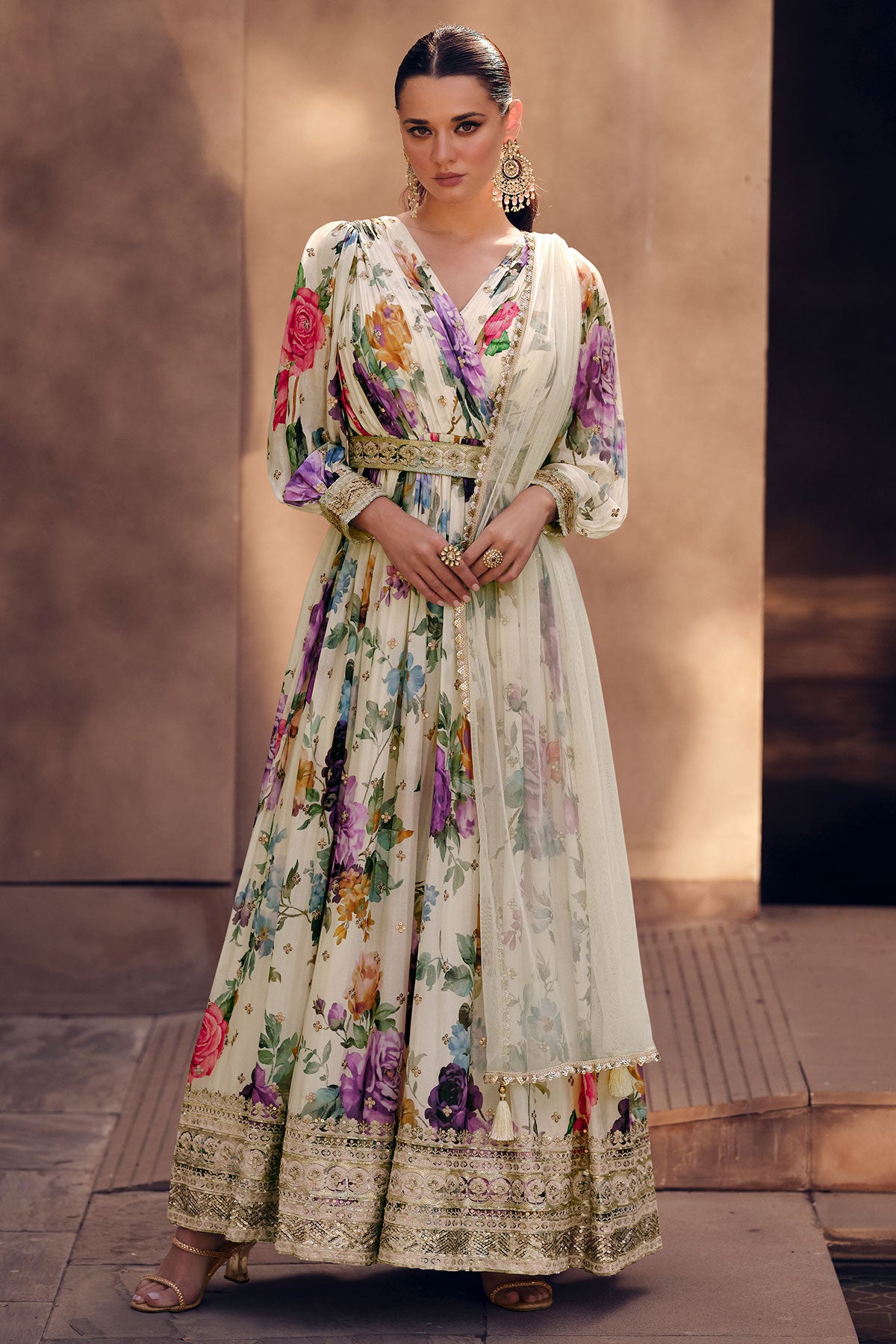 Cream Floral Printed and Embroidered Anarkali Gown Dupatta Set
