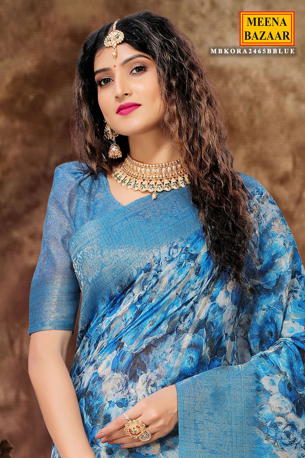 Blue Kora Silk Floral Printed Woven Sari