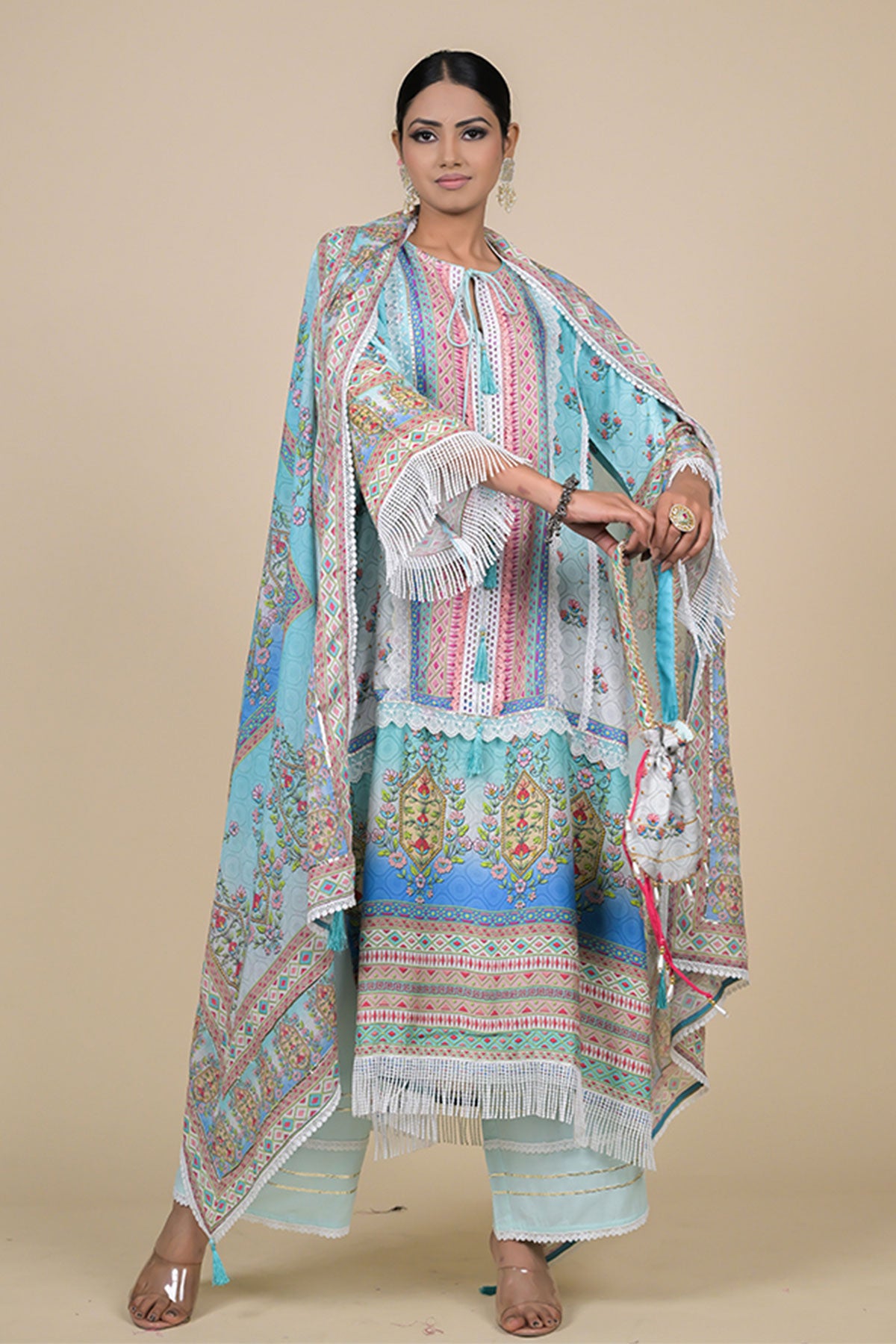 Firozi Muslin Printed Embroidered Suit With Palazzo