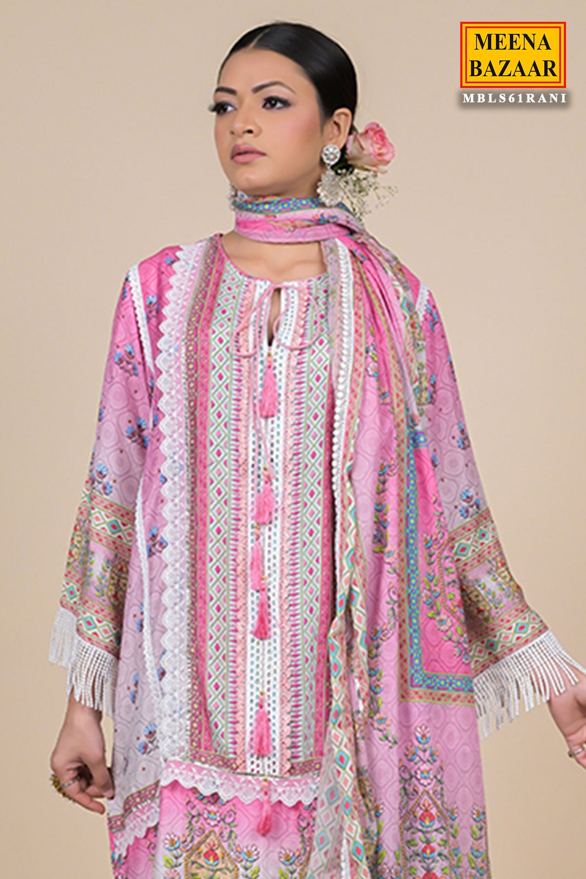 Multicolored Muslin Printed Embroidered Suit With Palazzo