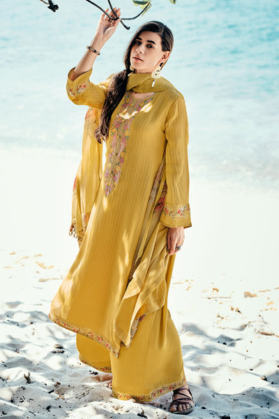 Mustard Organza Neck Embroidered Striped Suit Set