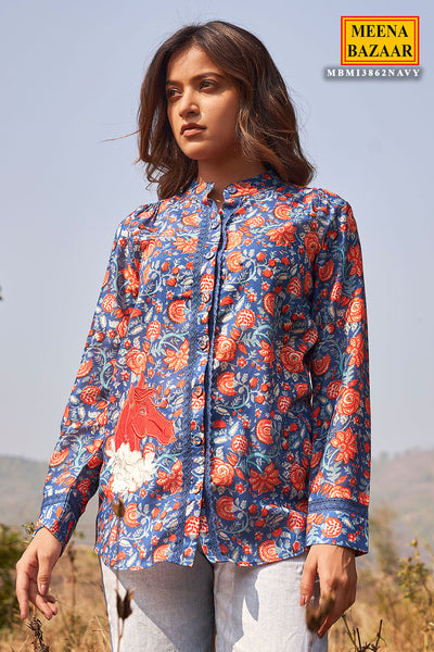 Navy Cotton Floral Printed Straight Shirt