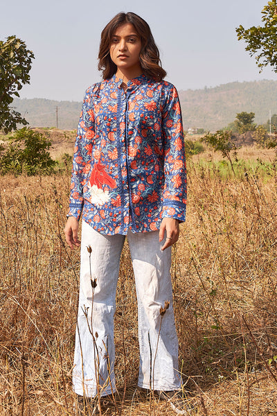 Navy Cotton Floral Printed Straight Shirt
