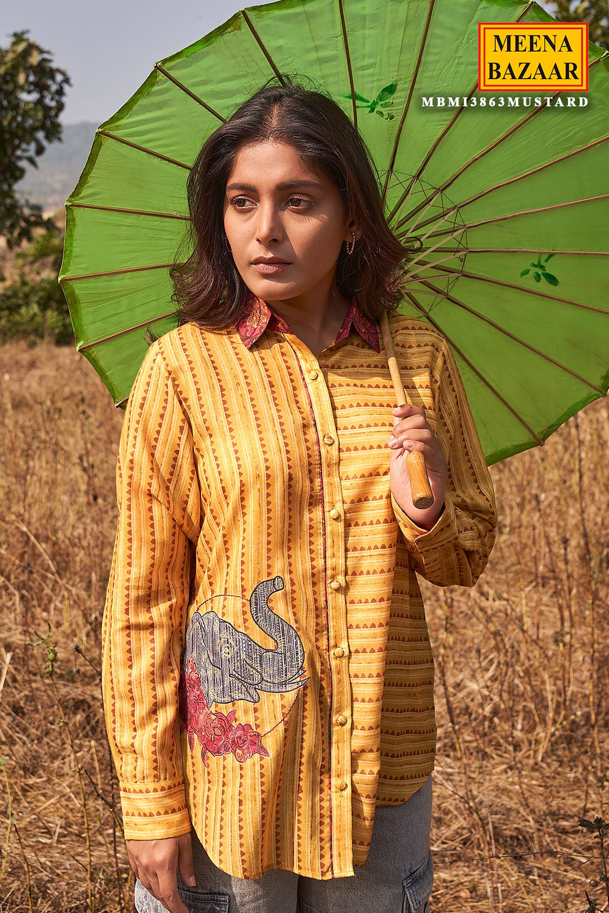 Mustard Cambric Cotton Striped Printed Kurti Shirt