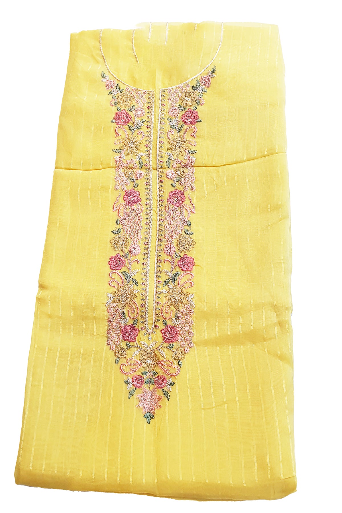 Mustard Organza Neck Embroidered Striped Suit Set