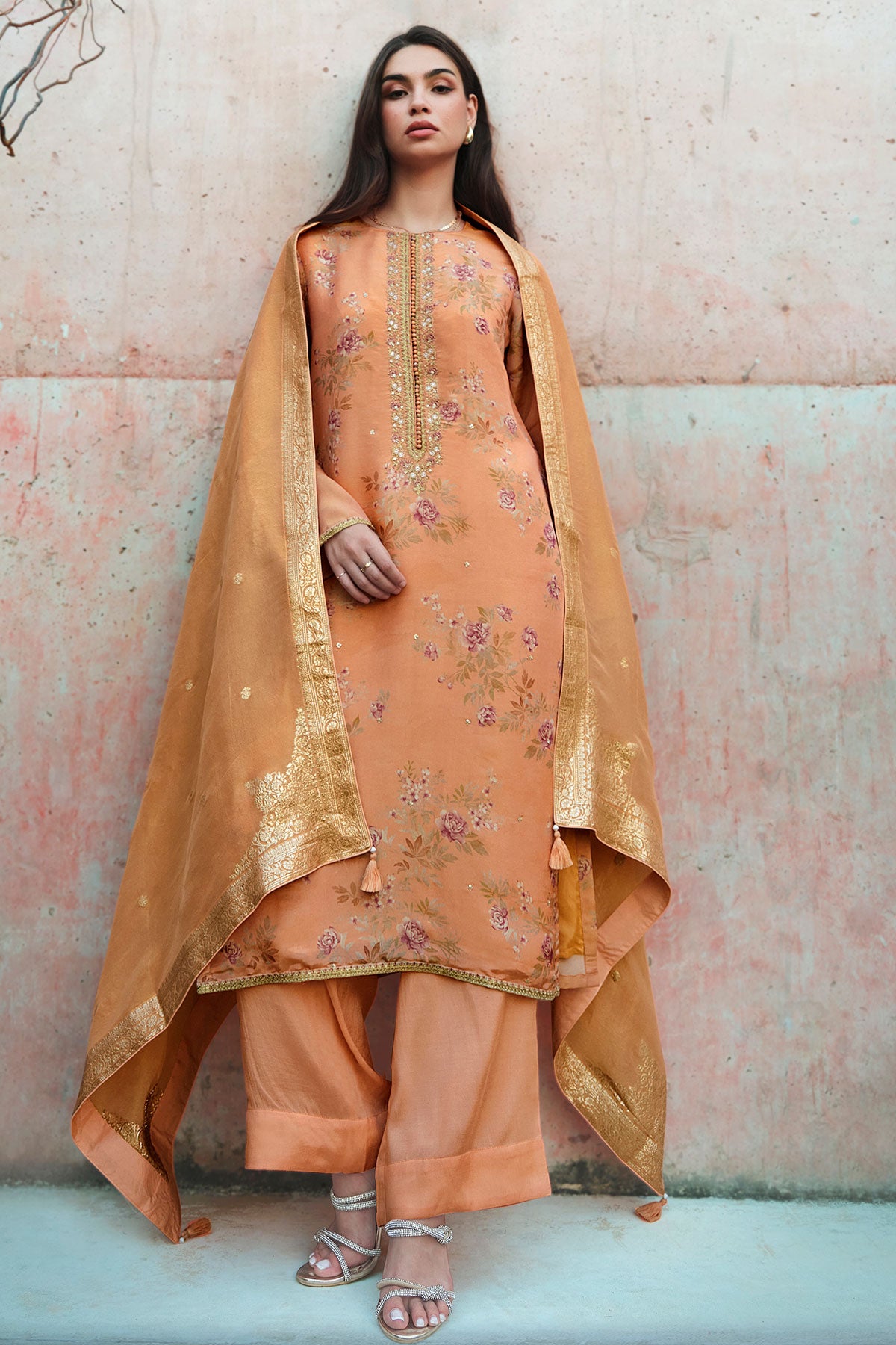 Peach Shimmer Georgette Zari Embroidered Suit