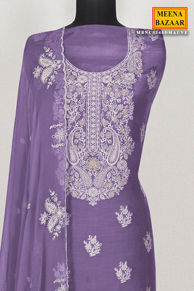 Mauve Muslin Thread Embroidered Suit