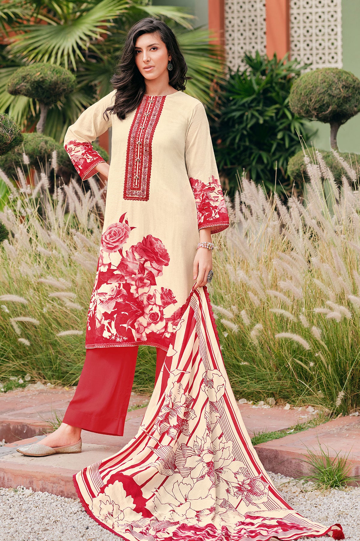 Tussar & Red Cotton Floral Printed Thread Lace Work Suit Set