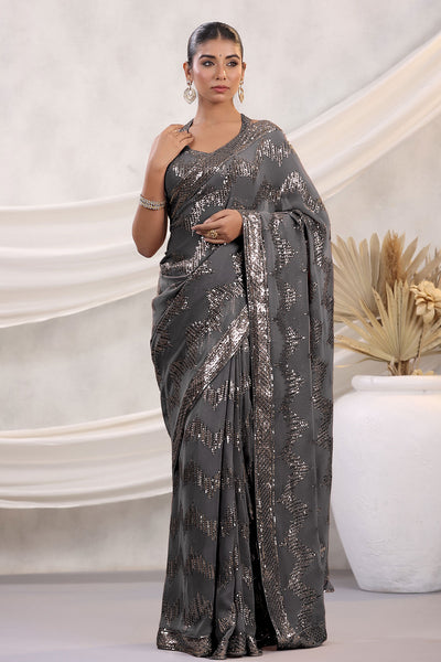Grey Georgette Sequins and Thread Embroidered Saree