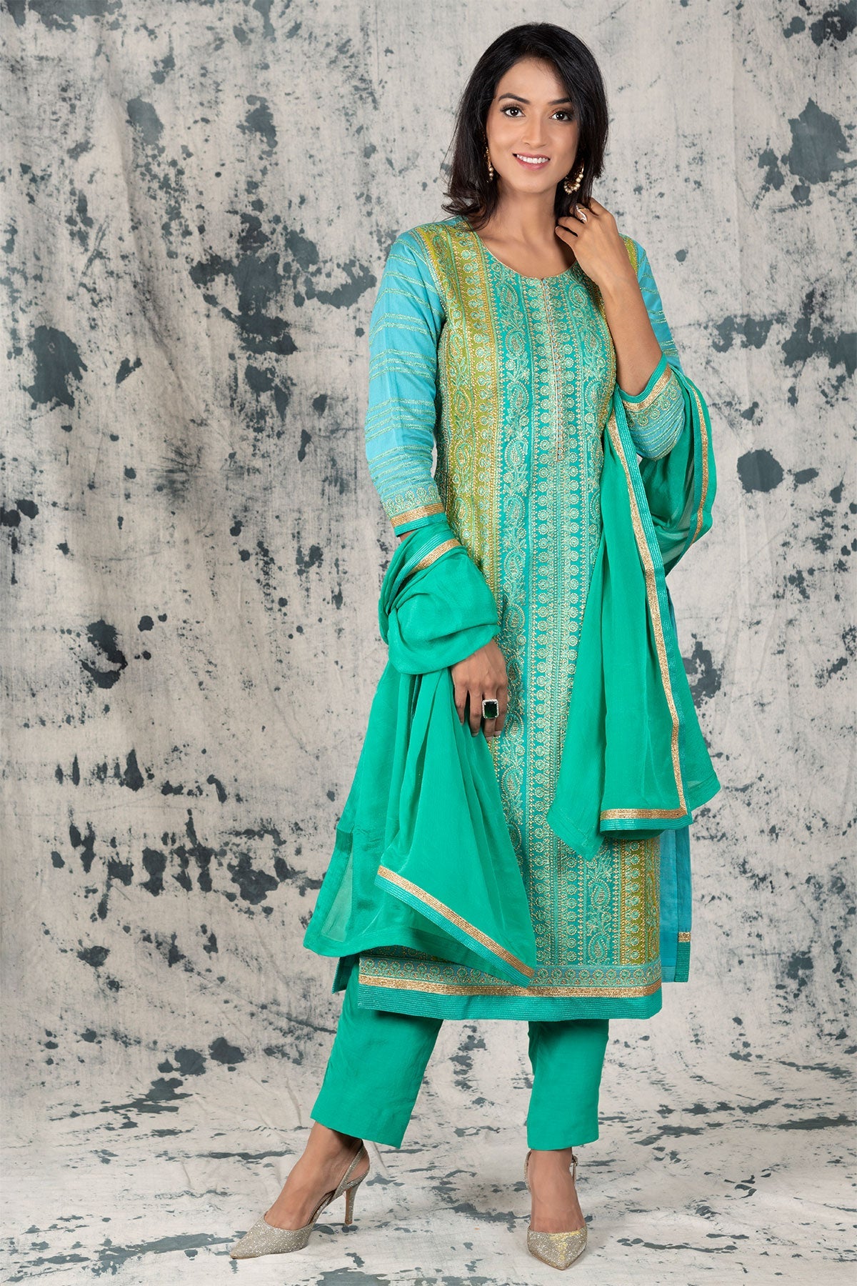 Rama Silk Zari Embroidered Suit Set Meena Bazaar