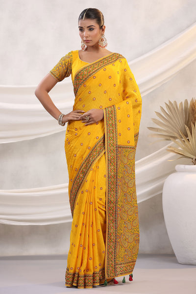 Mustard Jacquard Crepe Floral and Paisley Motif Embroidered Saree