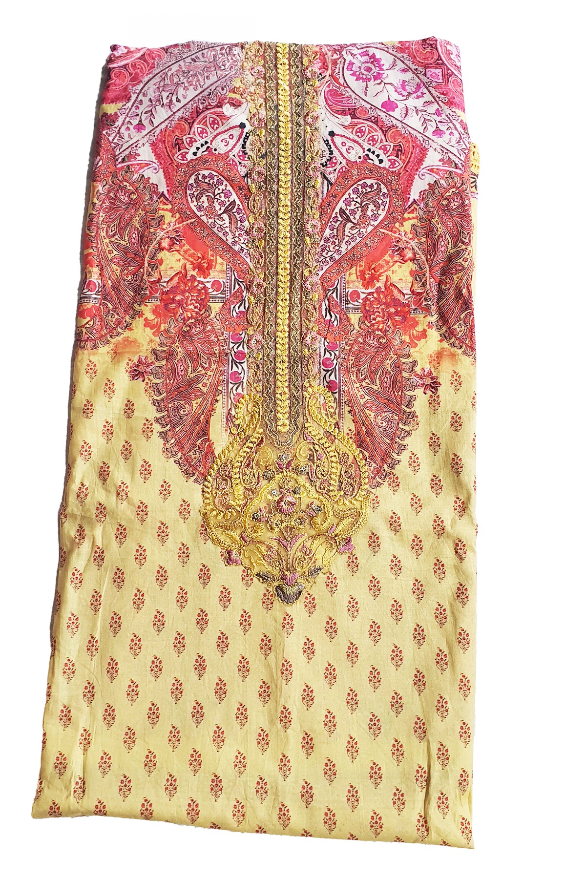 Mustard Printed Cotton Resham Embroidered Unstitched Suit