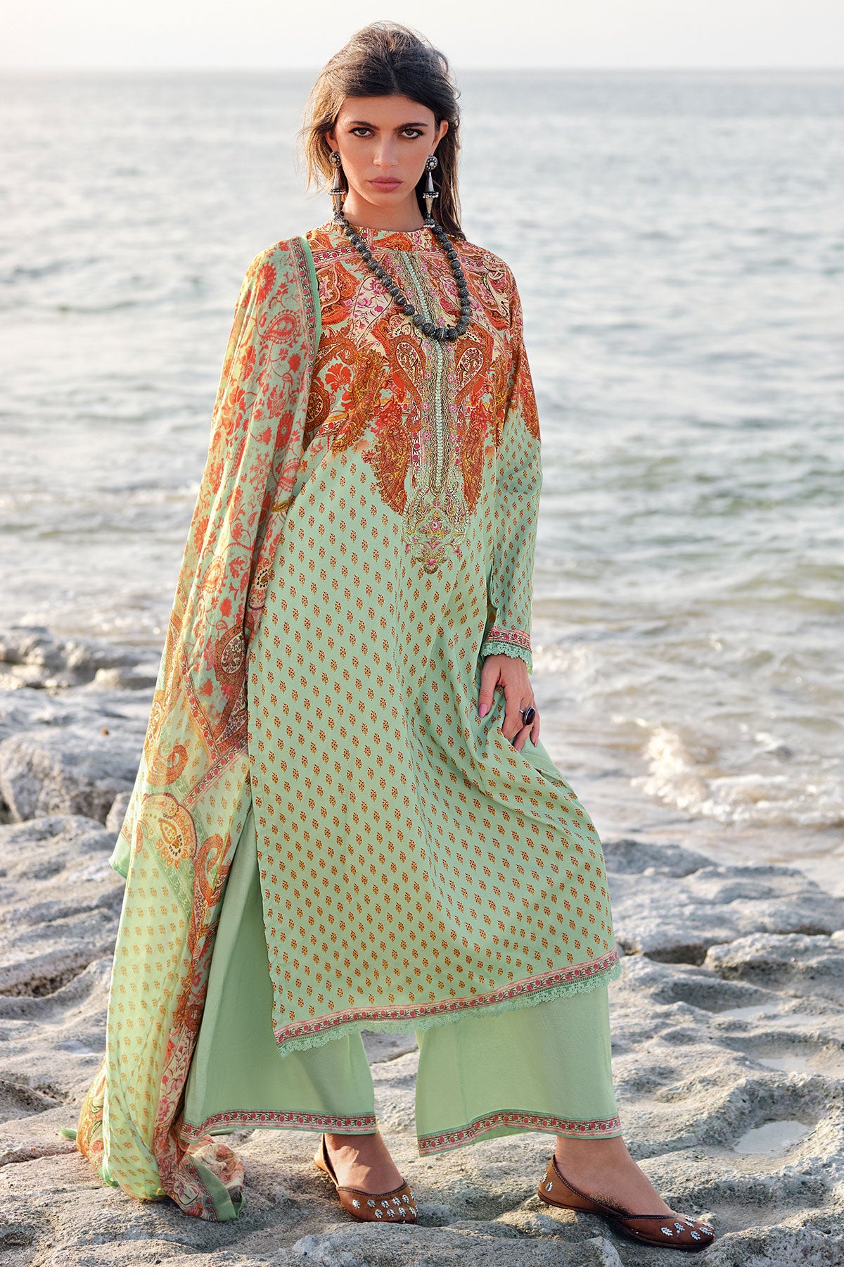 Sea Green Printed Cotton Resham Embroidered Unstitched Suit