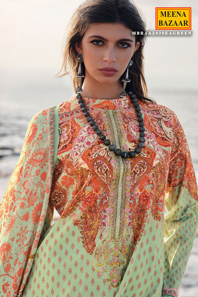 Sea Green Printed Cotton Resham Embroidered Unstitched Suit