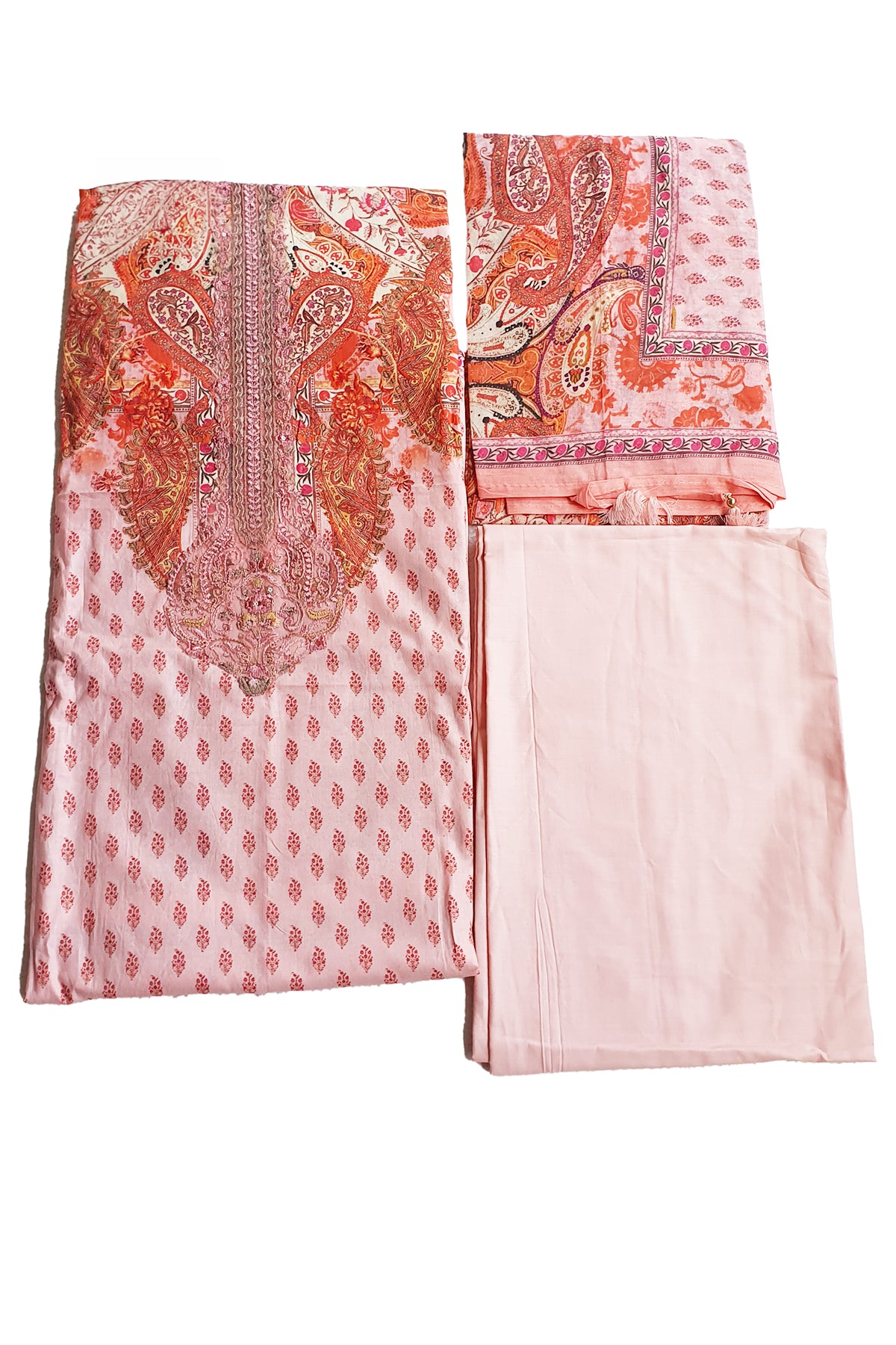 Pink Printed Cotton Resham Embroidered Unstitched Suit
