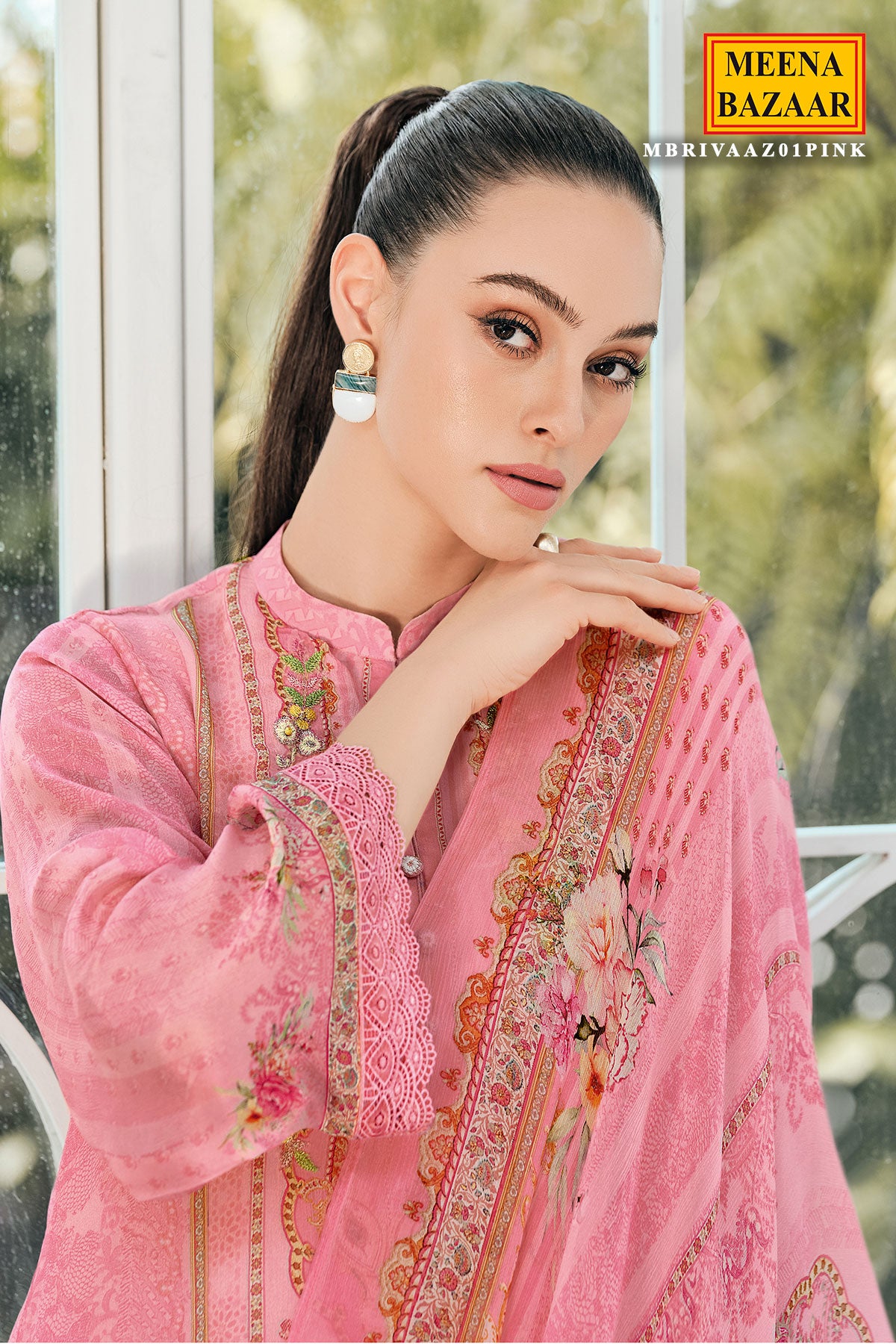 Pink Viscose Chinon Printed Patch Embroidered Suit