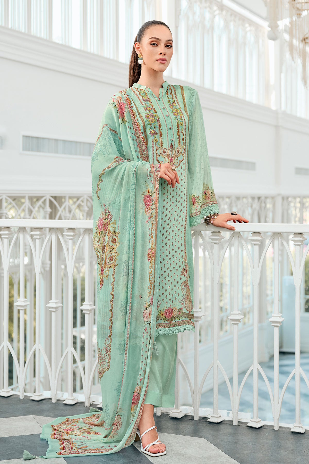 Firozi Viscose Chinon Printed Patch Embroidered Suit