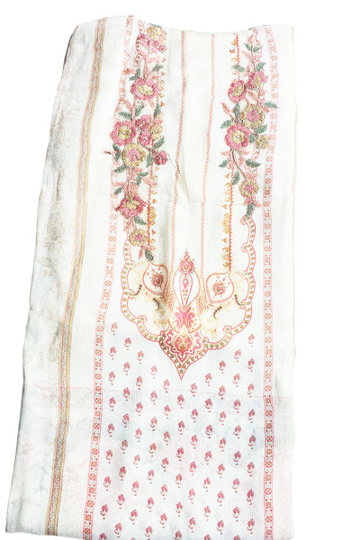 Cream Viscose Chinon Printed Patch Embroidered Suit
