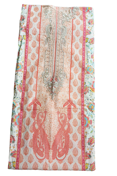 Peach Cotton Neck Zari & Thread Embroidered Printed Suit
