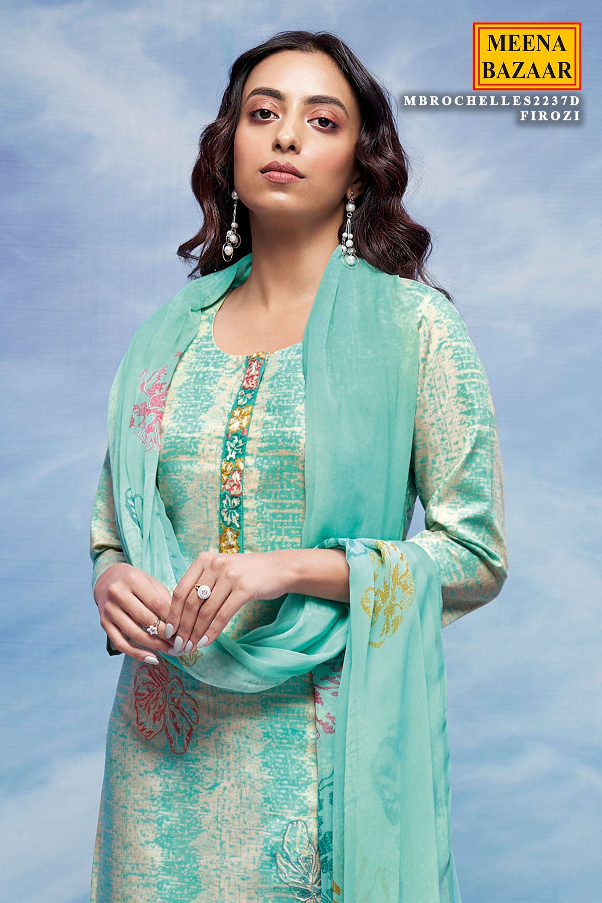 Firozi Cotton Embroidered Unstitched Suit Set