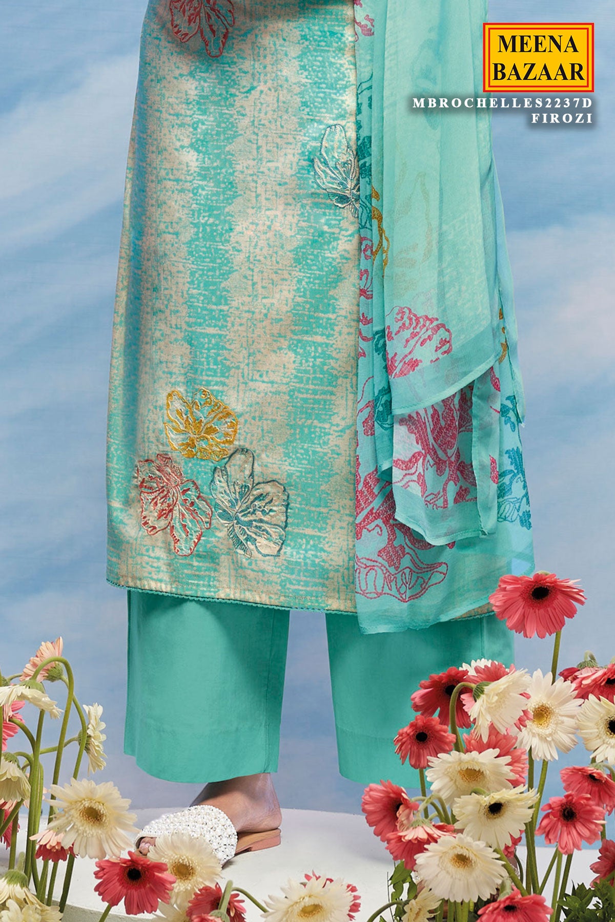 Firozi Cotton Embroidered Unstitched Suit Set