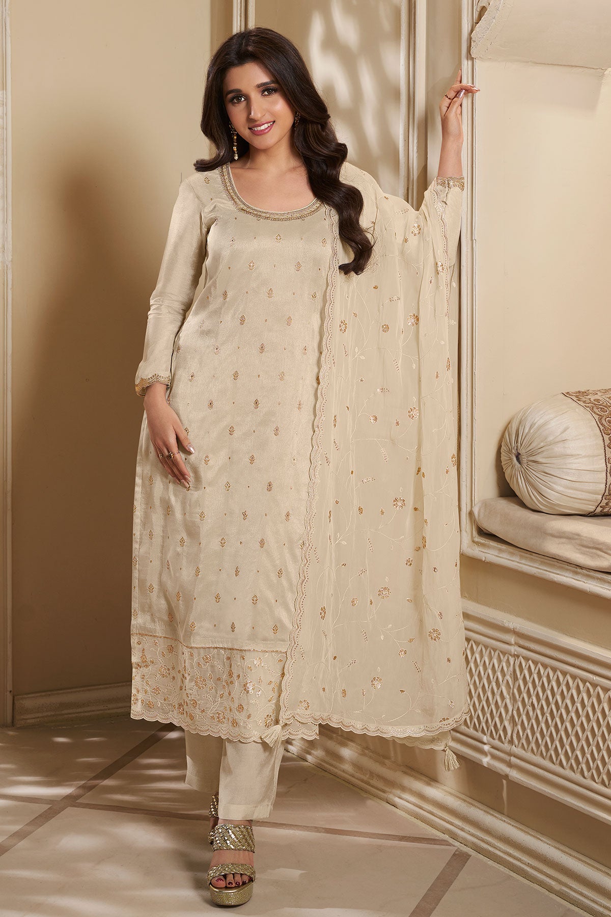 Cream Ethnic Motifs Embroidered Dola Silk Suit With Pants