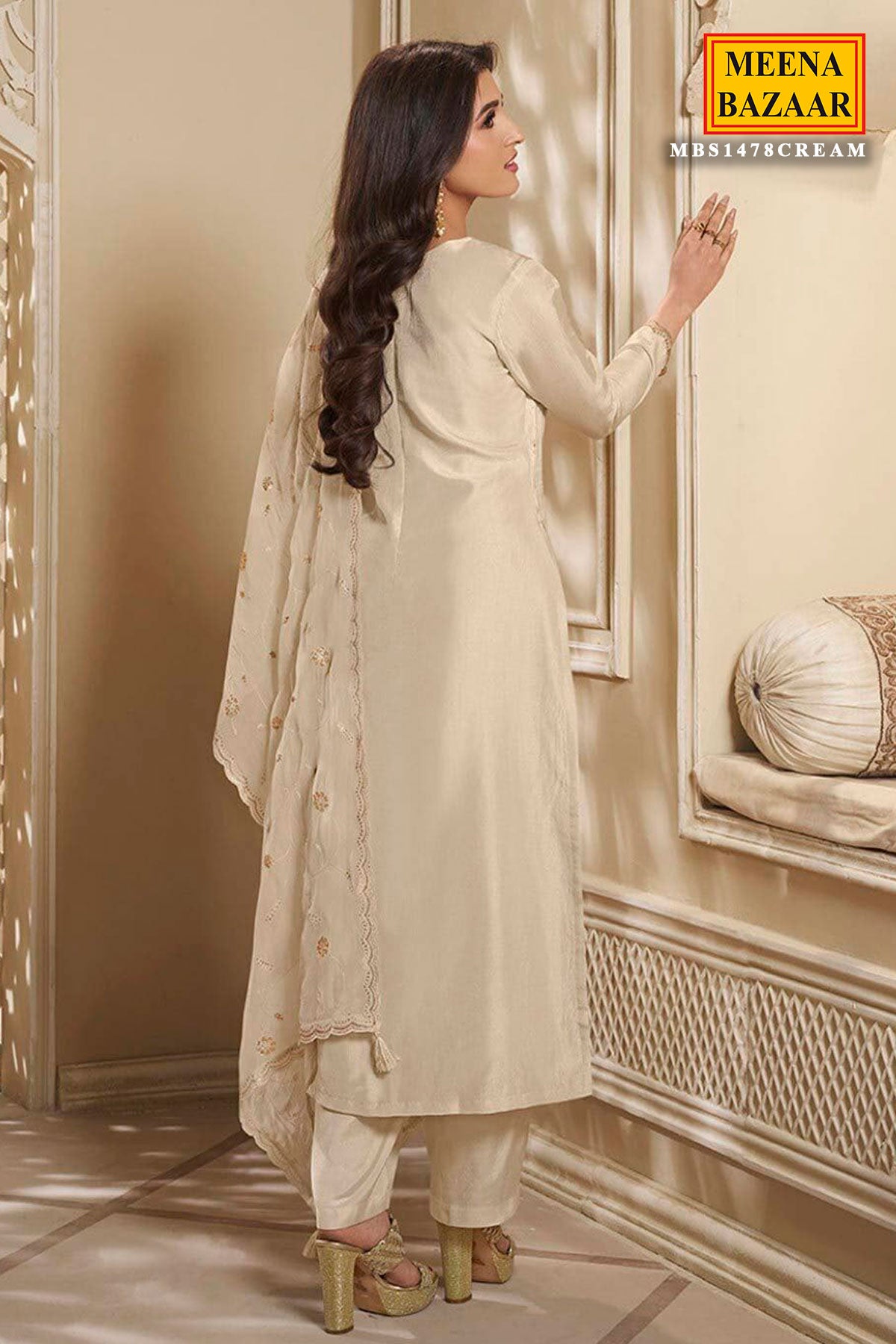 Cream Ethnic Motifs Embroidered Dola Silk Suit With Pants