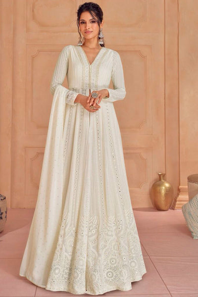 White Georgette Floor Length Embroidered Gown With Dupatta