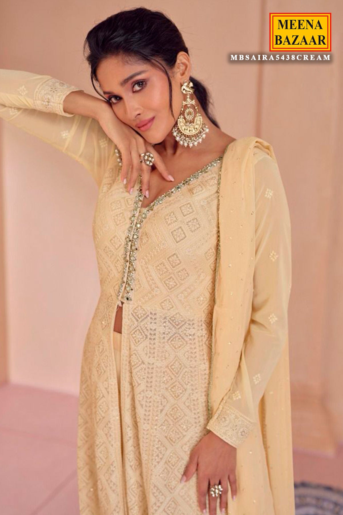 Cream  Georgette Floor Length Embroidered Gown With Dupatta