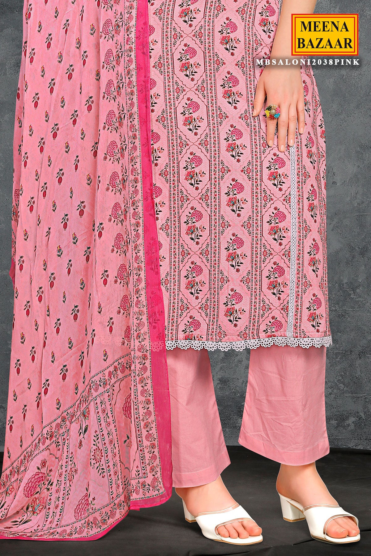 Pink Cotton Digital Print Embroidery With Lace Unstitched Suit