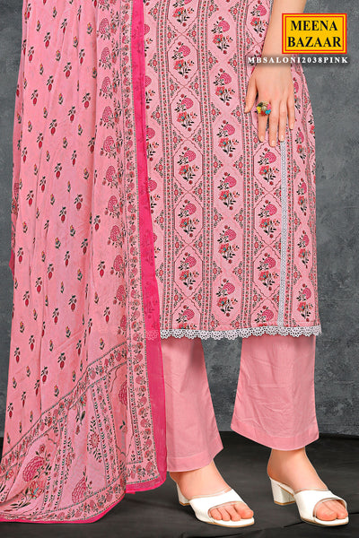 Pink Cotton Digital Print Embroidery With Lace Unstitched Suit