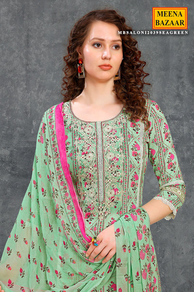 Sea Green Cotton Digital Print Embroidery With Lace Unstitched Suit