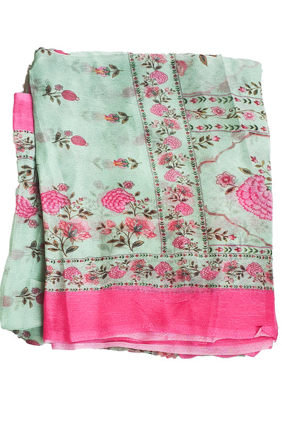 Sea Green Cotton Digital Print Embroidery With Lace Unstitched Suit