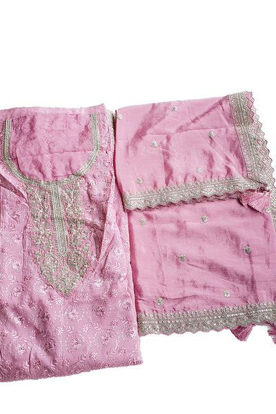 Pink Organza Thread Zari Embroidered Suit Set