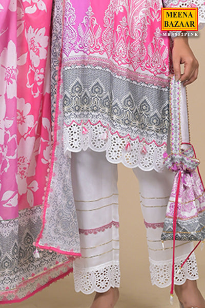Pink Muslin Printed Embroidered Suit With Palazzo