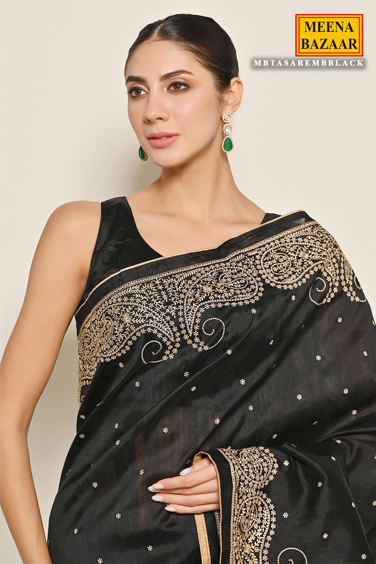 Black Tussar Silk Threadwork Embroidered Saree