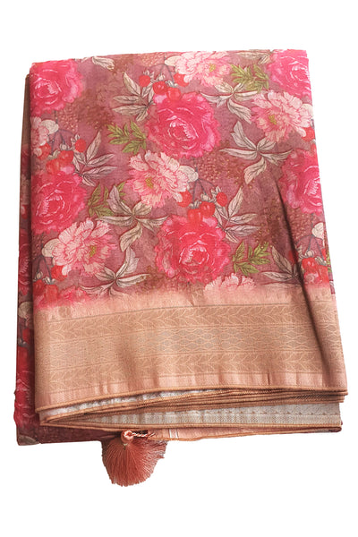 Multi Floral Printed Chanderi Cotton Zari Woven Saree