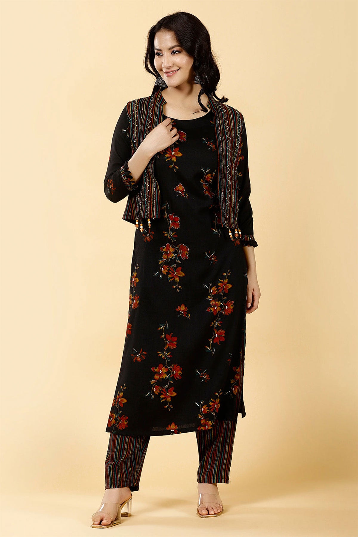 Black Rayon Printed Kurti Pant Set with Short Shrug – Meena Bazaar