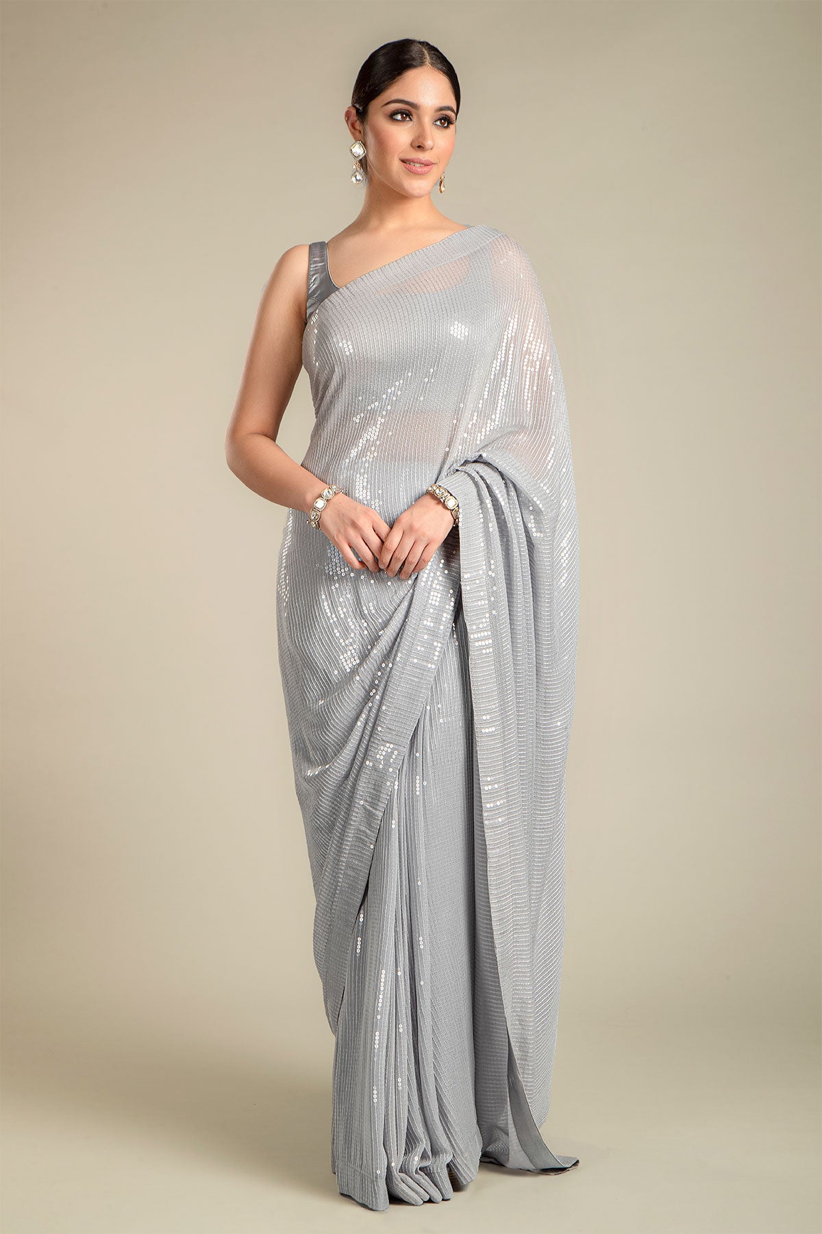 Grey Sequins Shimmer Saree