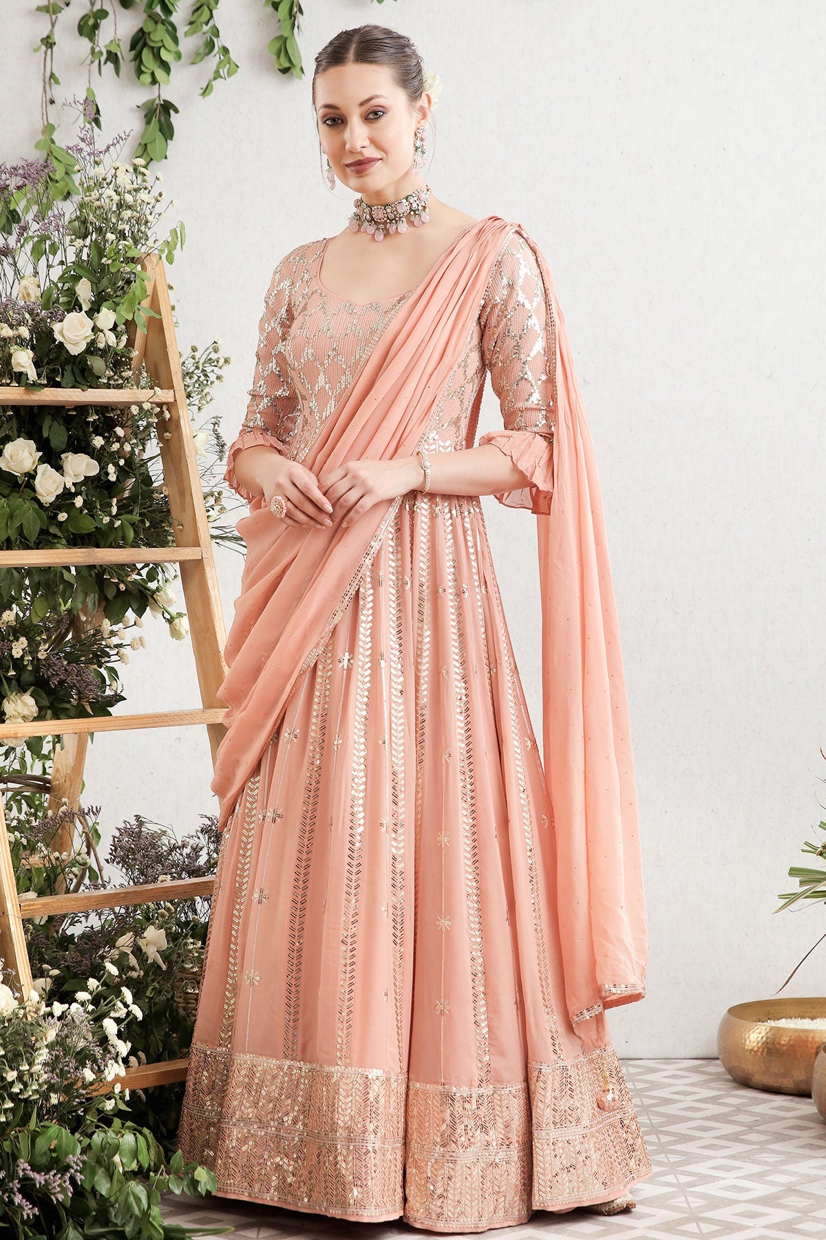 Sophisticated Peach Color Anarkali Dress Peach Georgette Sequins