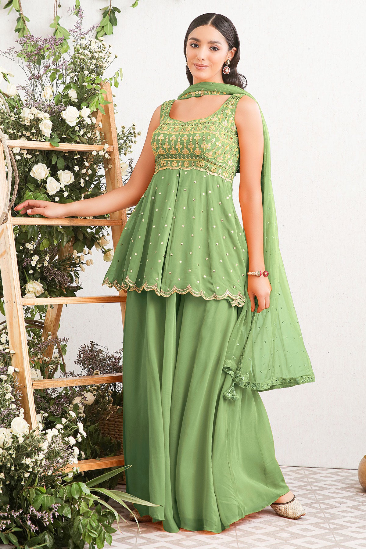 Green Georgette Embroidered Sharara Ready Made Suit | Meena Bazaar Green Georgette Embroidered Sharara Ready Made Suit | Meena Bazaar