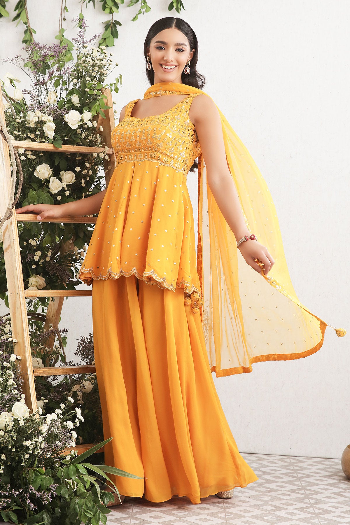 Mustard Heavy Designer Semi-Stitched Sharara Suit With Pure Gotakari Hand Mirror Work