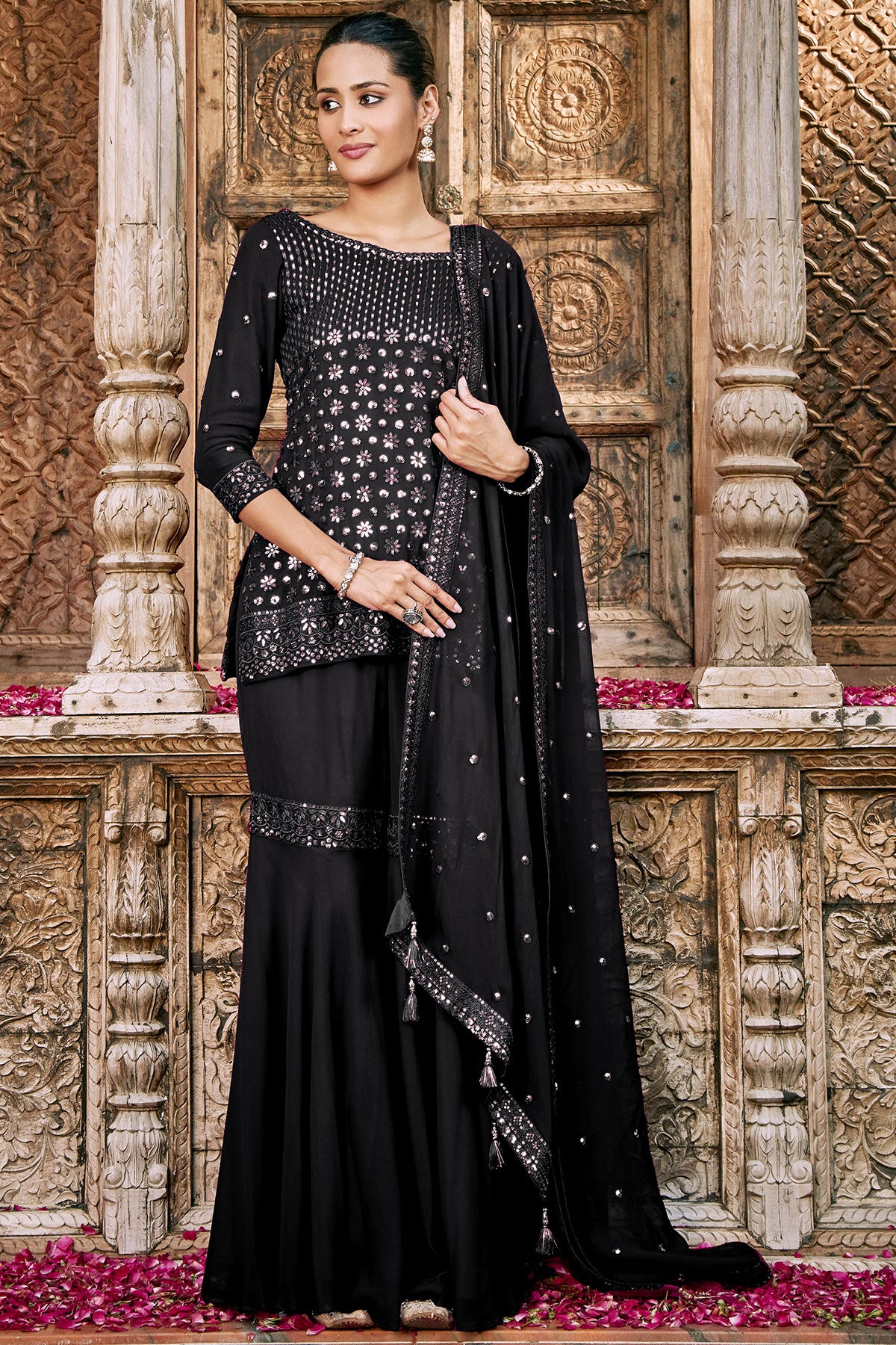 Meena Bazaar | Black Georgette Embroidered Sharara Ready Made Suit S / Black / Georgette Meena Bazaar | Black Georgette Embroidered Sharara Ready Made Suit S / Black / Georgette