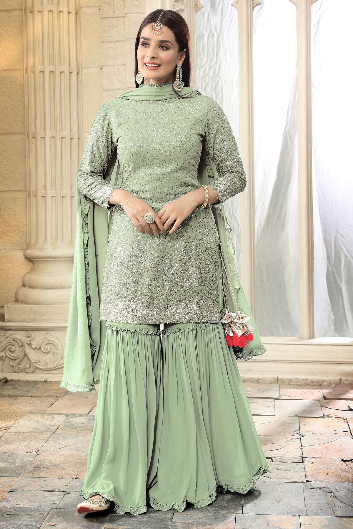 Pista Green Georgette Sequins Embroidered Gharara Suit Set – Meena