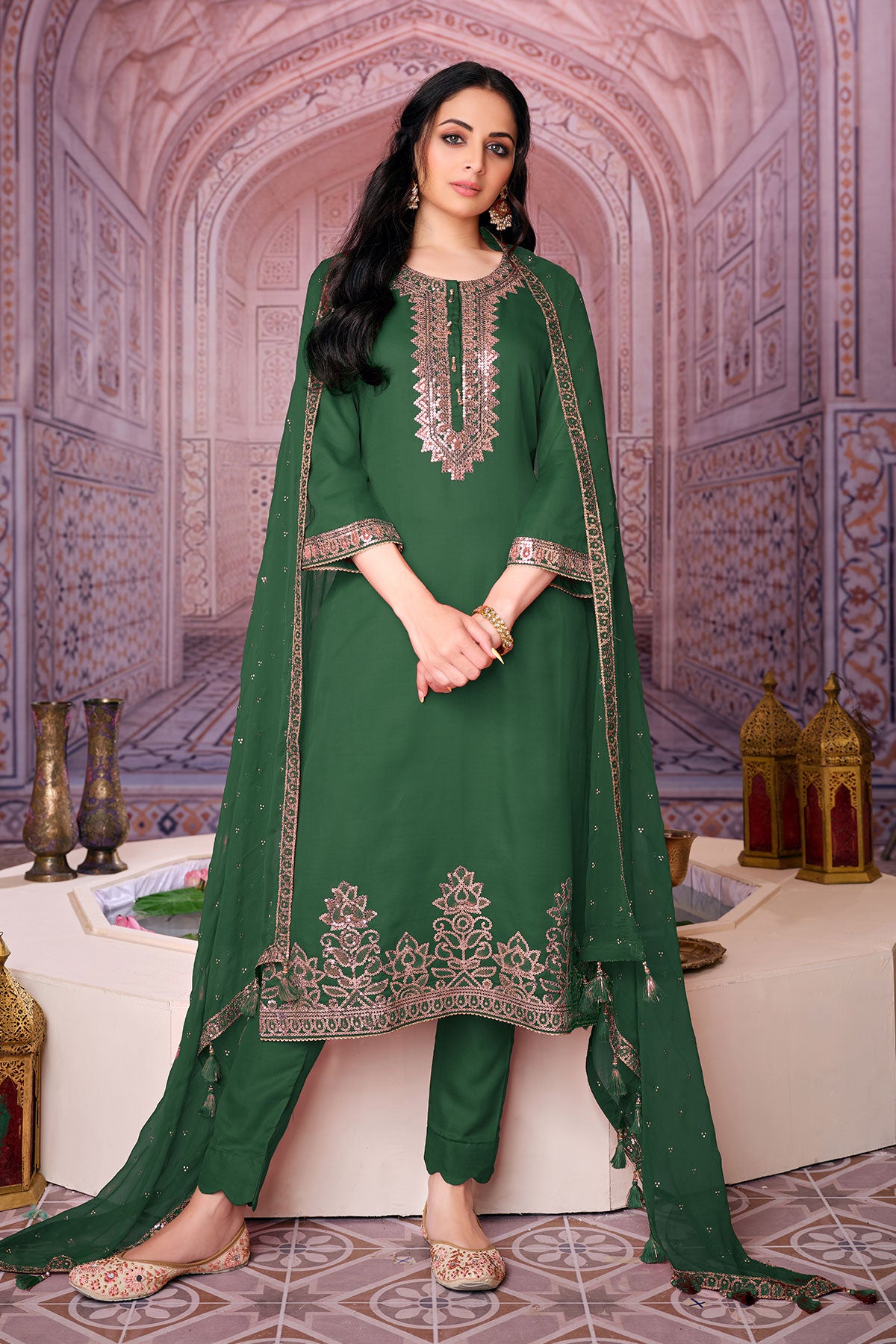 Bottle Green Embroidered Silk Suit – Meena Bazaar