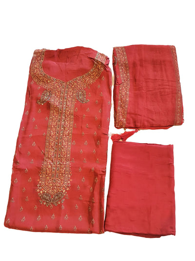 Red Blended Silk Floral Printed Neck Embroidered Suit Set